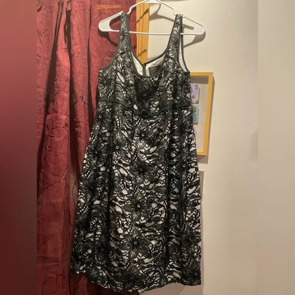 Carmen Marc Valvo Black and White Floral Lace Dress. Size 16W